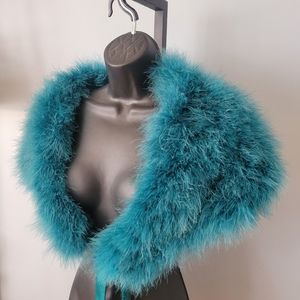 Adolfo Dominguez Costura Teal Ostritch Feather Wrap Shawl with ribbon ties